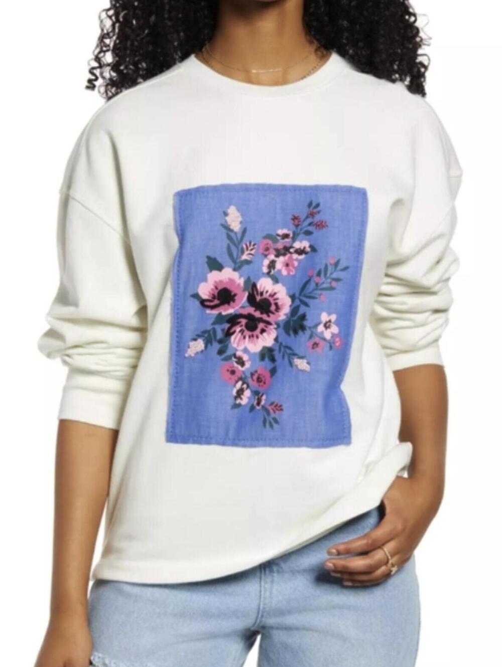 BP from Nordstrom White Crew Neck Bouquet Patch Sweatshirt - Size - Small